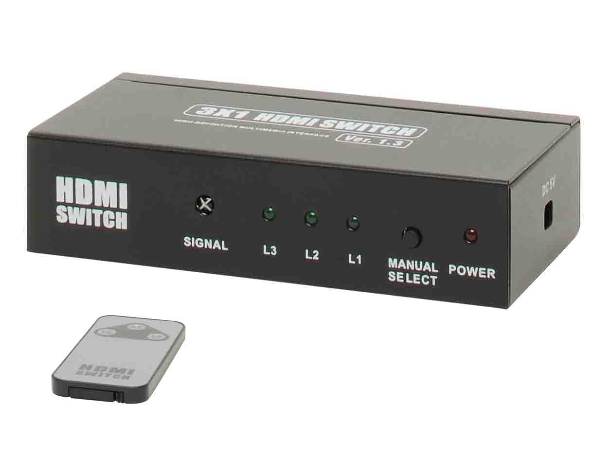 1228: HDMI Switchbox 3xIN/1xOUT  Full HD ready 1080p mit Netzteil und Fernbedienung vergoldete Kontakte